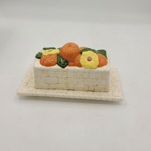 Vintage Ceramic Butter Dish Basket Weave Oranges Lemons Fruit Taiwan 1970s